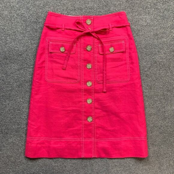 J Crew Skirt Womens 2 Barbie Pink Linen Blend Button Up Removable Belt Pockets - Picture 2 of 13